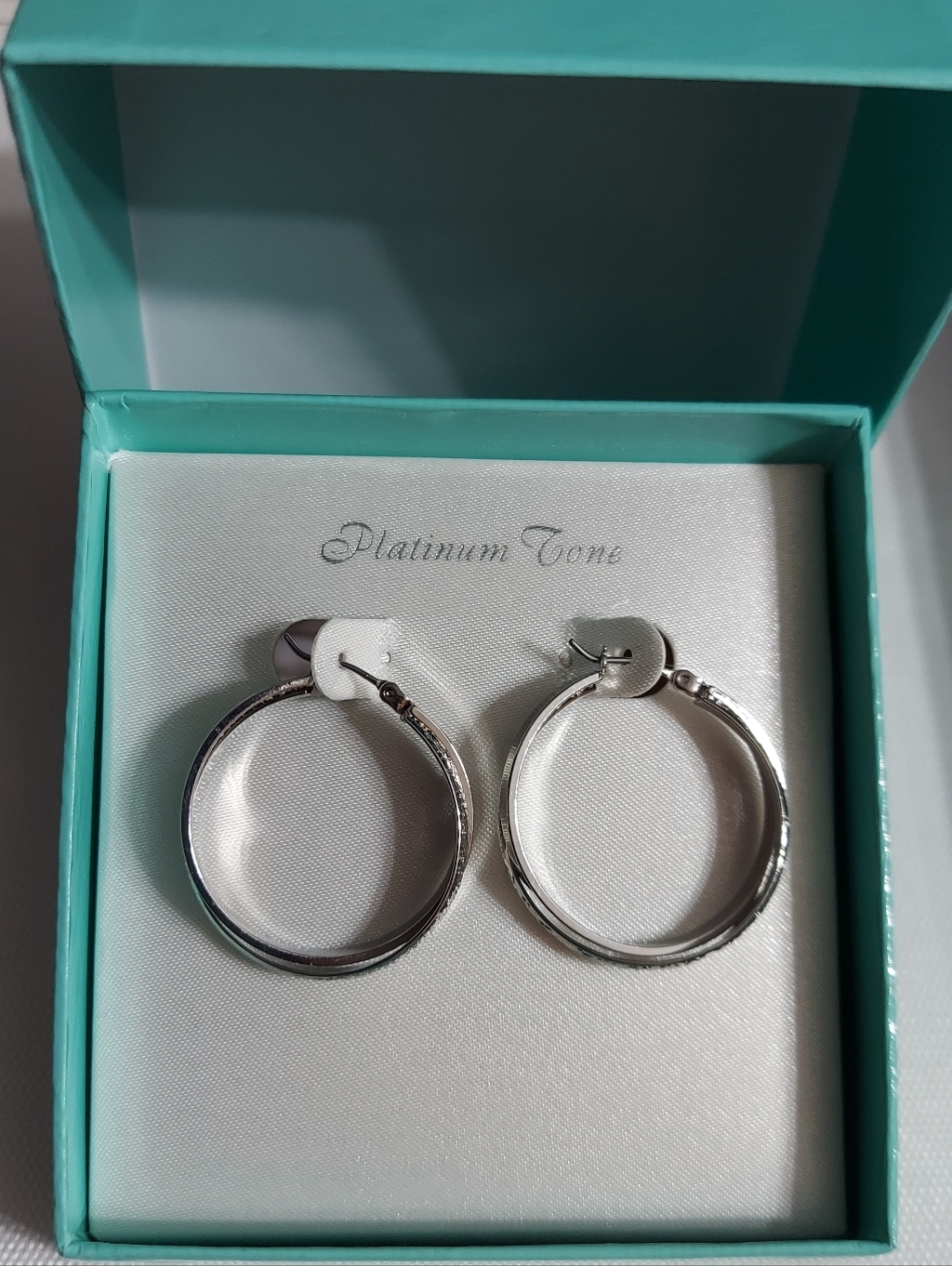 Sears 'Platinum Tone' Polished & Textured Silver Tone/Medium Hoop Earrings